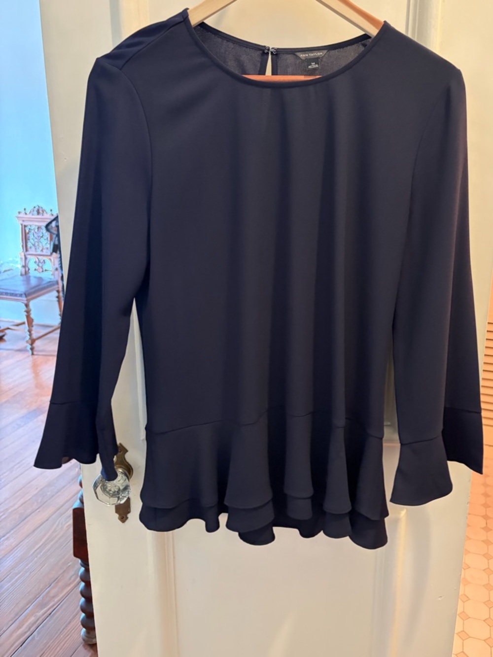 Ann Taylor Navy Ruffle Hem Long Sleeve Blouse